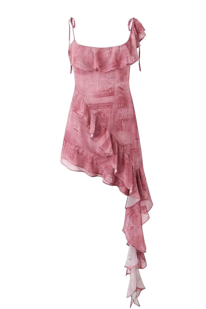 Loïs – Bedrukte Mini-jurk met Ruches en Strikbandjes