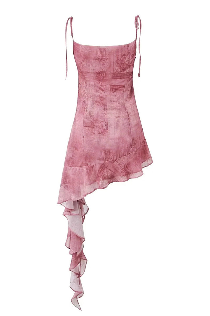 Loïs – Bedrukte Mini-jurk met Ruches en Strikbandjes