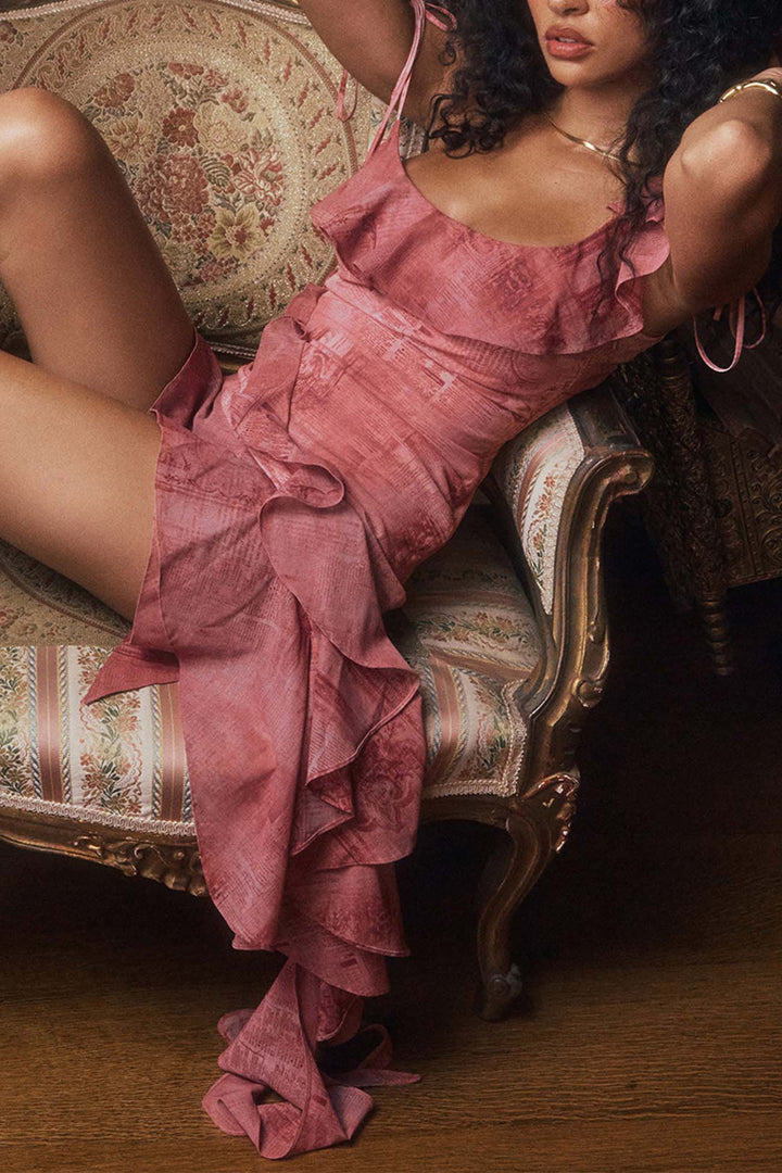 Loïs – Bedrukte Mini-jurk met Ruches en Strikbandjes