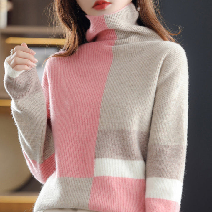 Vera | Zachte wollen herfst en wintertrui voor dames met col en blokpatroon in moderne kleuren