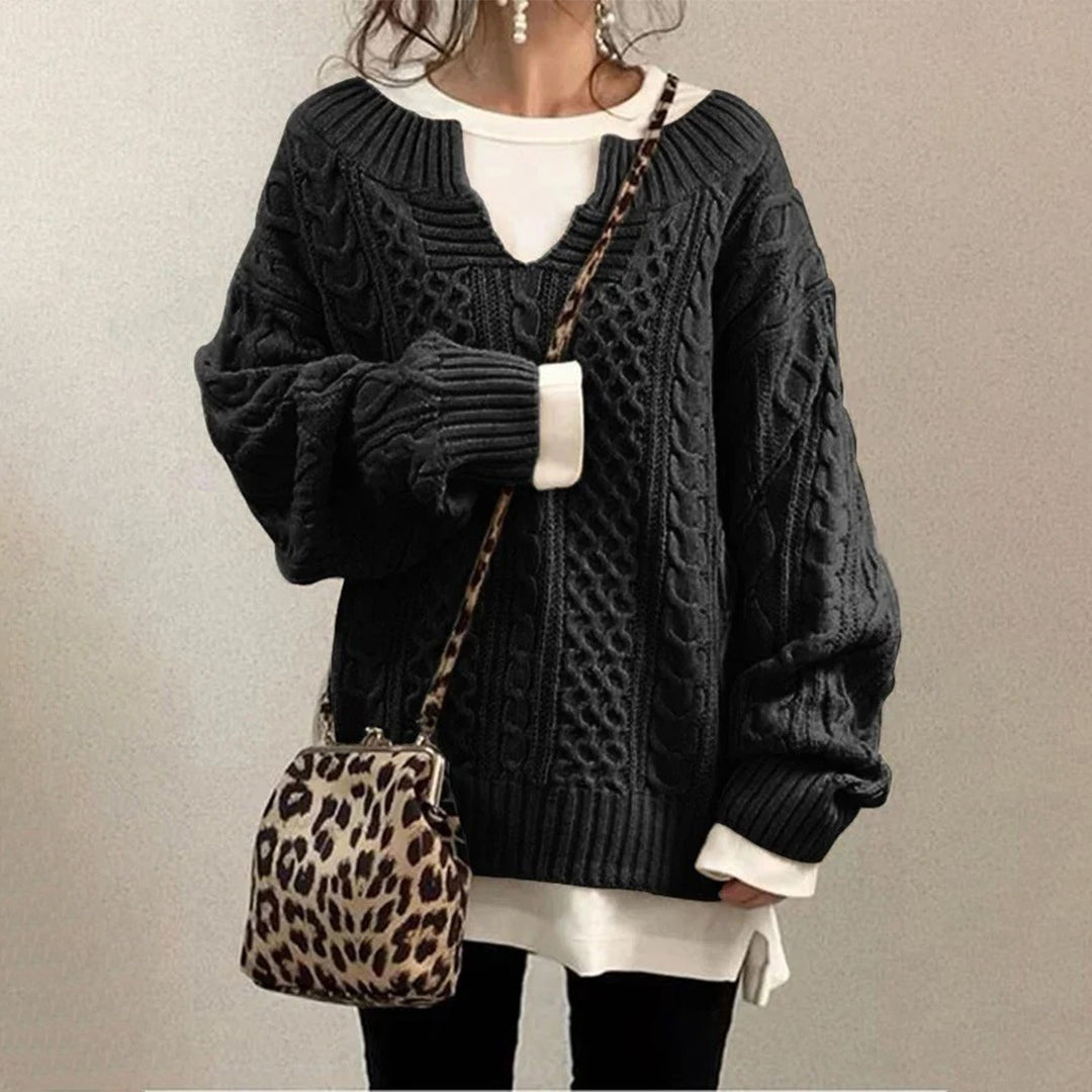 Maren | Oversized kabelgebreide herfsttrui voor dames van katoenmix met ronde hals en lange mouwen