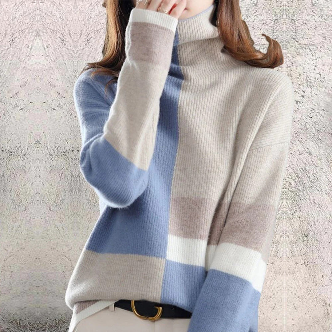 Vera | Zachte wollen herfst en wintertrui voor dames met col en blokpatroon in moderne kleuren