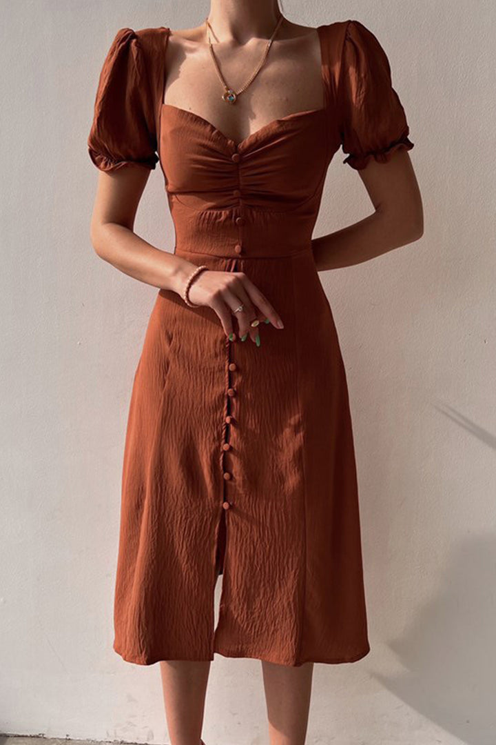 Linde – Midi Jurk met Pofmouwen en Knoopsluiting