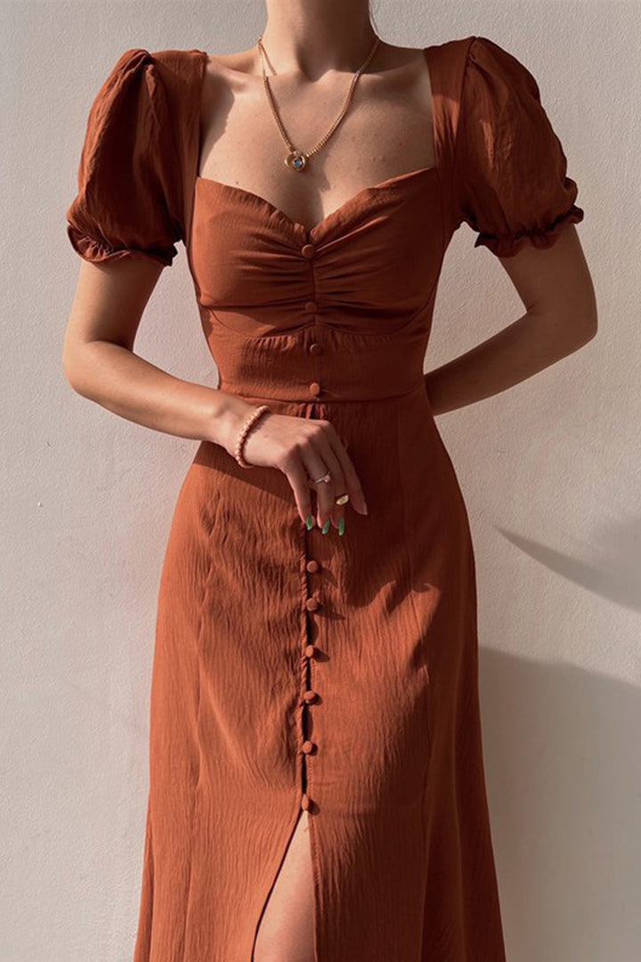 Linde – Midi Jurk met Pofmouwen en Knoopsluiting
