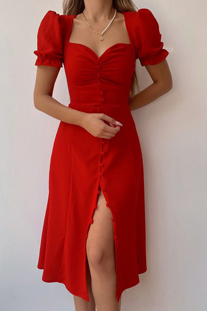 Linde – Midi Jurk met Pofmouwen en Knoopsluiting