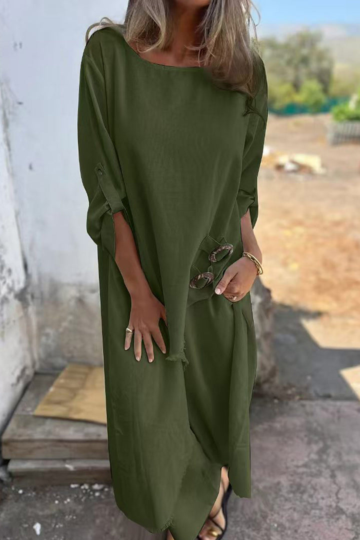 Veerle – Two-Piece Set met Ruwe Zoom en Asymmetrische Tuniek