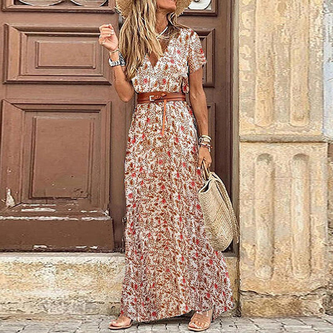 Boho maxi zomerjurk met V-hals en strikceintuur