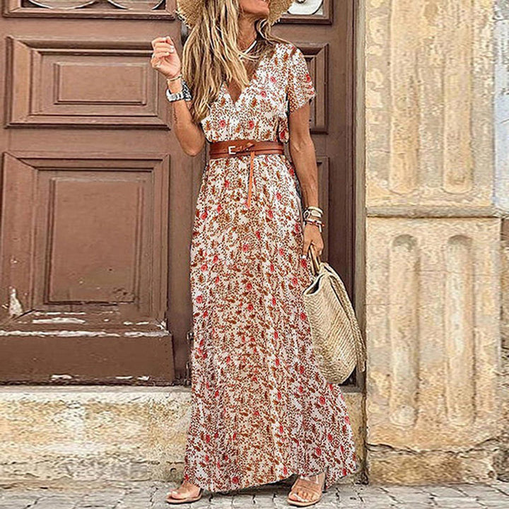 Boho maxi zomerjurk met V-hals en strikceintuur