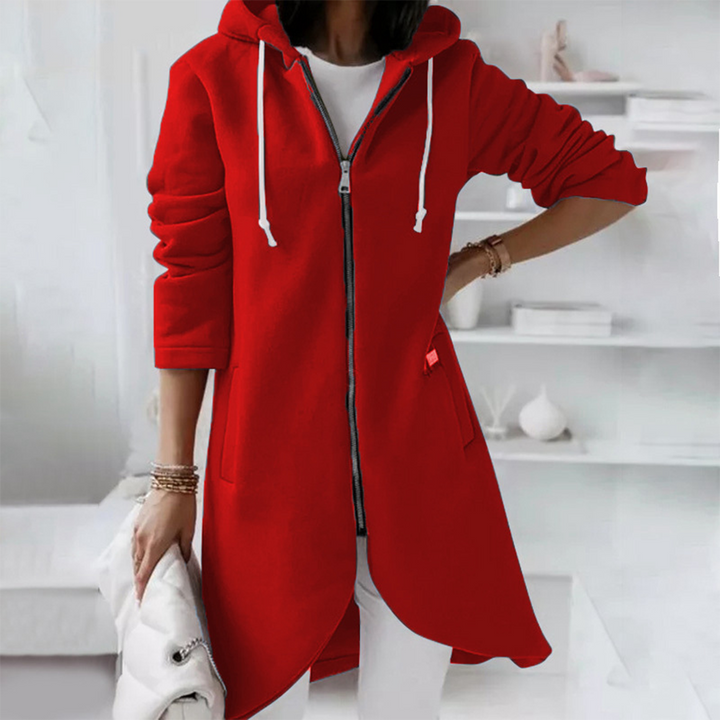 Jemma | Elegant lang herfstvest voor dames van zachte polyester met capuchon en ritssluiting