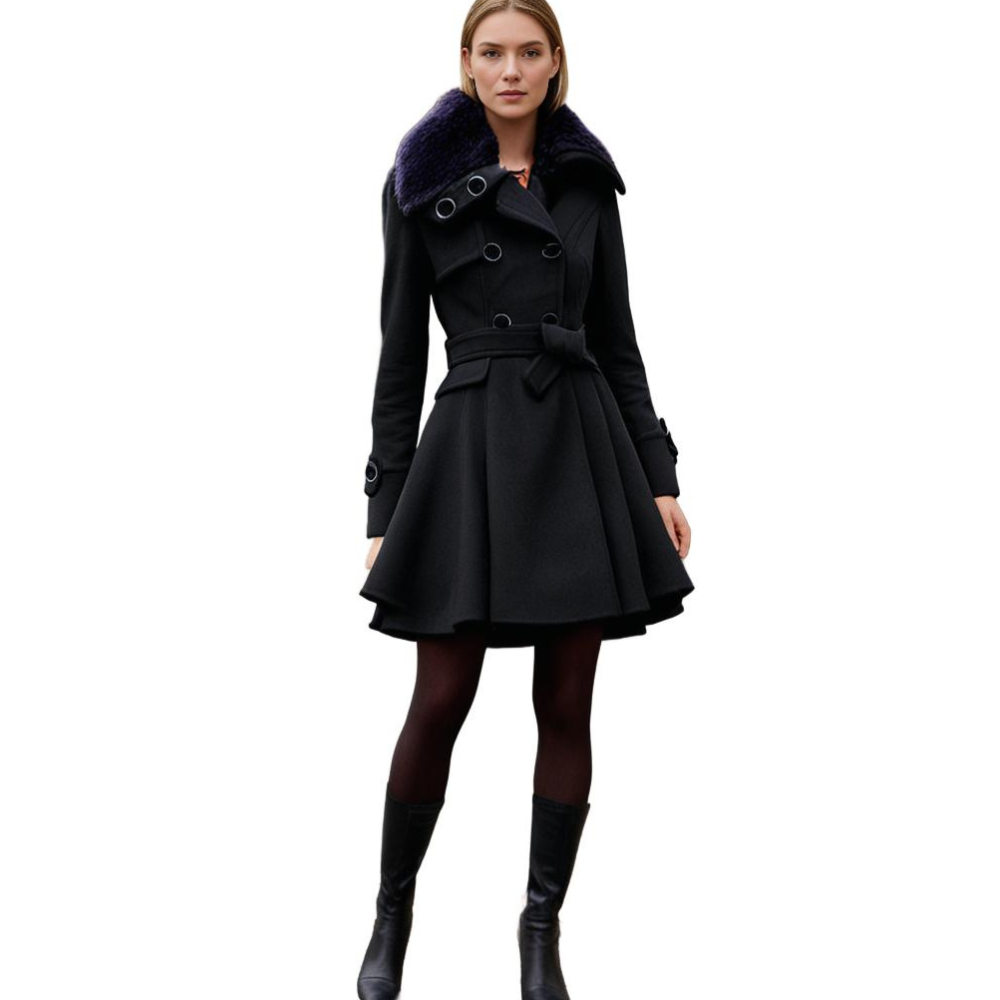 Sophie | Elegante warme wollen winterjas voor dames met ceintuur en imitatiebontkraag
