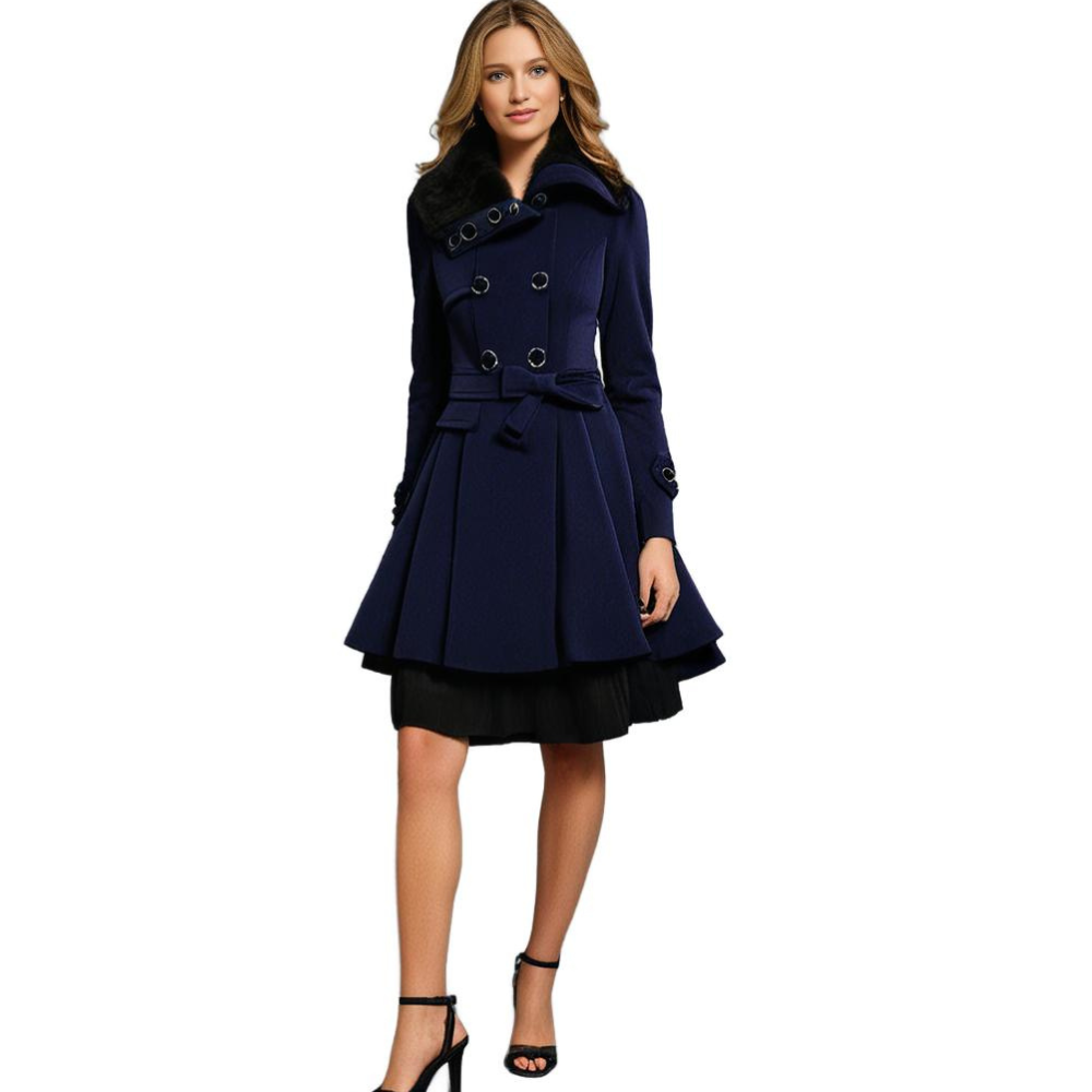 Sophie | Elegante warme wollen winterjas voor dames met ceintuur en imitatiebontkraag