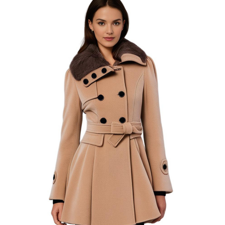 Sophie | Elegante warme wollen winterjas voor dames met ceintuur en imitatiebontkraag