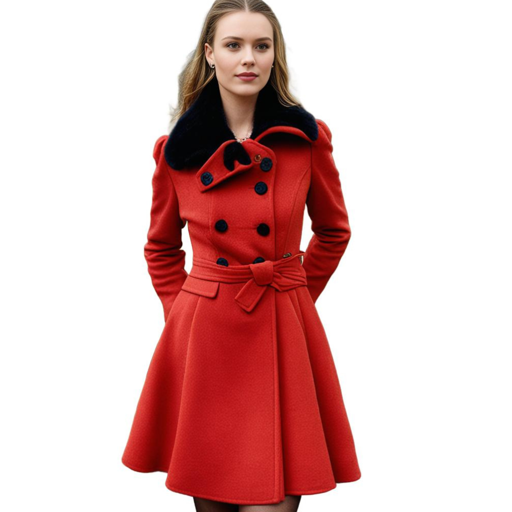 Sophie | Elegante warme wollen winterjas voor dames met ceintuur en imitatiebontkraag