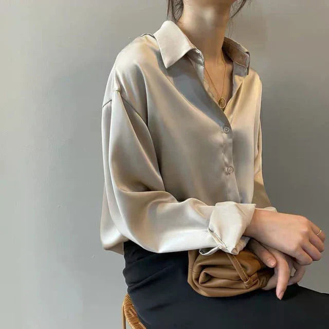 Elena Damesblouse – Zijdeachtige Blouse met Knoopsluiting en Lange Mouwen