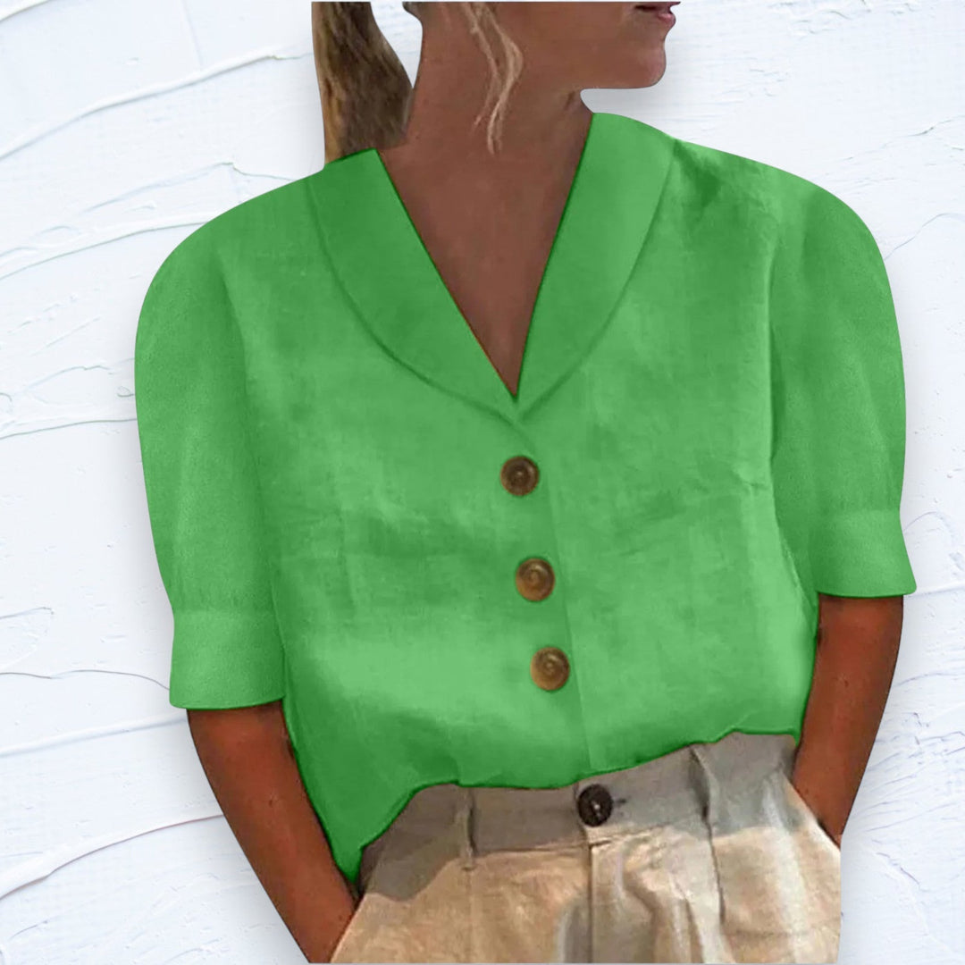 Linnen-katoenen zomerblouse met envelophals en elegante knopen