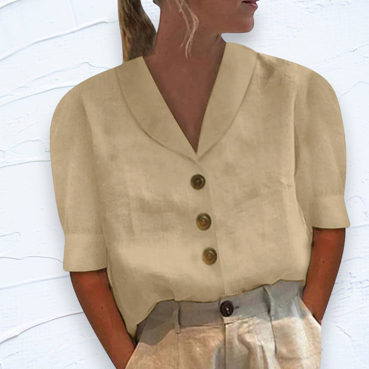 Linnen-katoenen zomerblouse met envelophals en elegante knopen