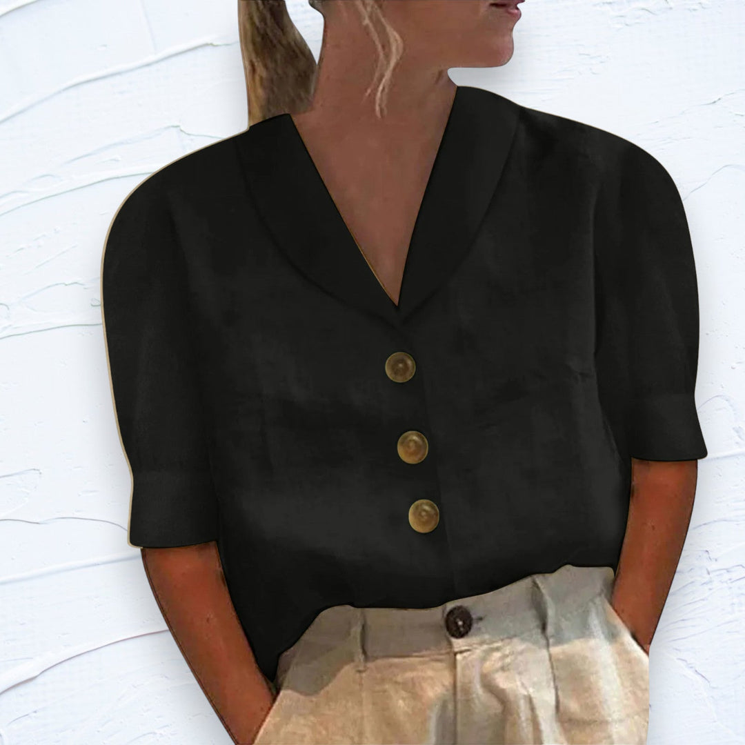 Linnen-katoenen zomerblouse met envelophals en elegante knopen