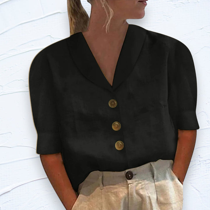 Linnen-katoenen zomerblouse met envelophals en elegante knopen