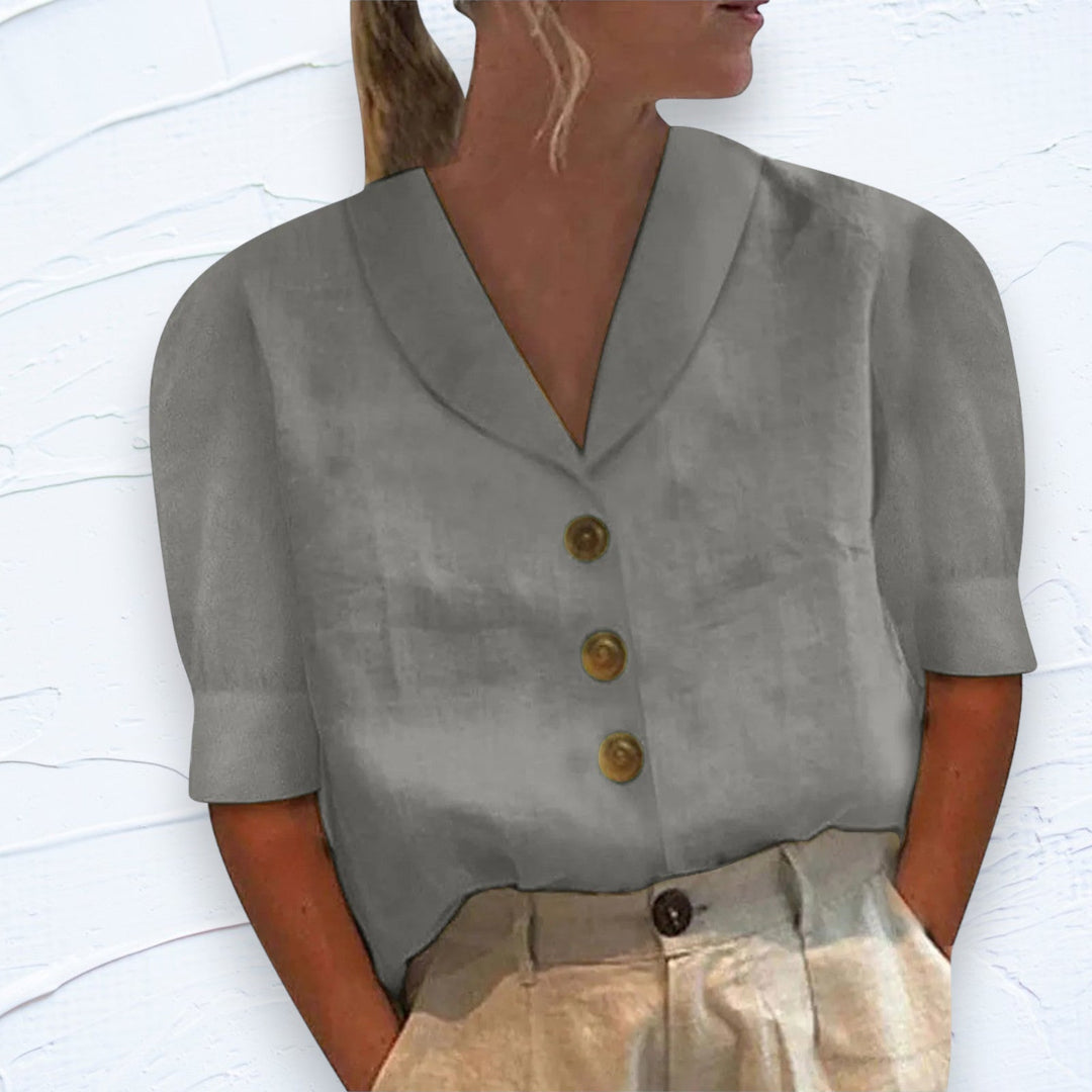 Linnen-katoenen zomerblouse met envelophals en elegante knopen