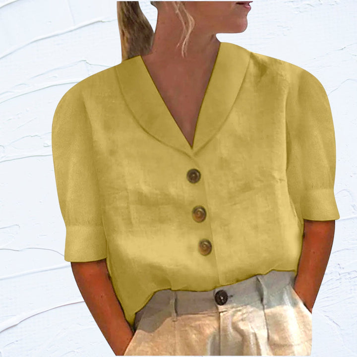Linnen-katoenen zomerblouse met envelophals en elegante knopen
