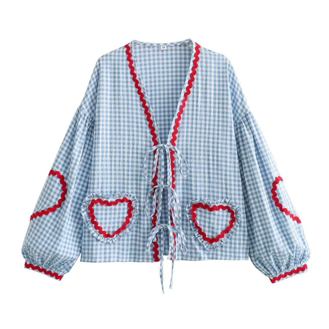 Amaya Dames Vintage Blouse – Stijlvolle blouse met hartpatroon, lange mouwen en strikdetails