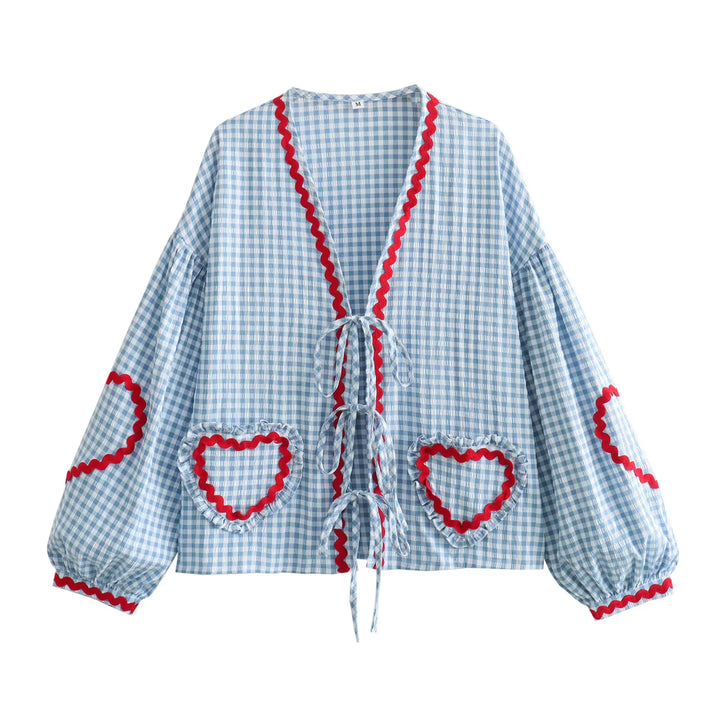 Amaya Dames Vintage Blouse – Stijlvolle blouse met hartpatroon, lange mouwen en strikdetails