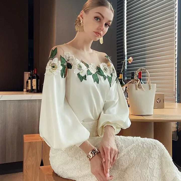 Mira Dames Bloemenblouse – Stijlvolle off-shoulder blouse met lange mouwen