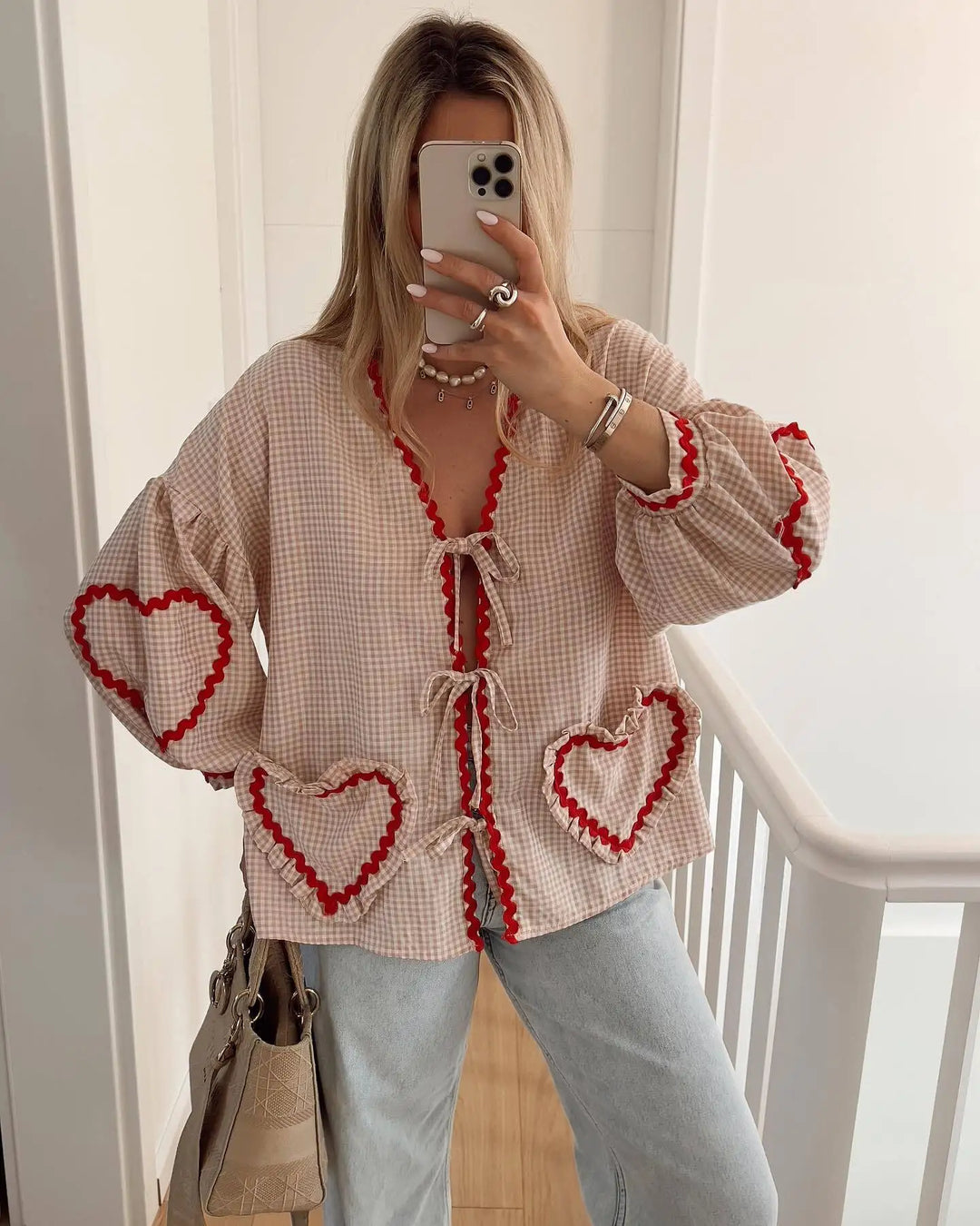 Amaya Dames Vintage Blouse – Stijlvolle blouse met hartpatroon, lange mouwen en strikdetails