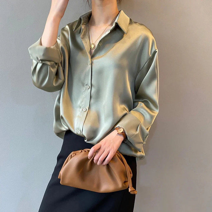 Elena Damesblouse – Zijdeachtige Blouse met Knoopsluiting en Lange Mouwen
