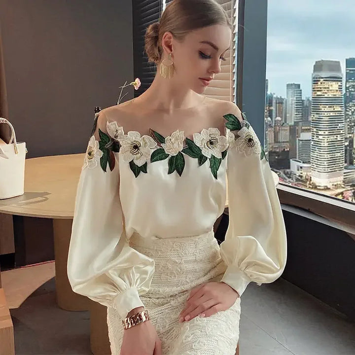 Mira Dames Bloemenblouse – Stijlvolle off-shoulder blouse met lange mouwen