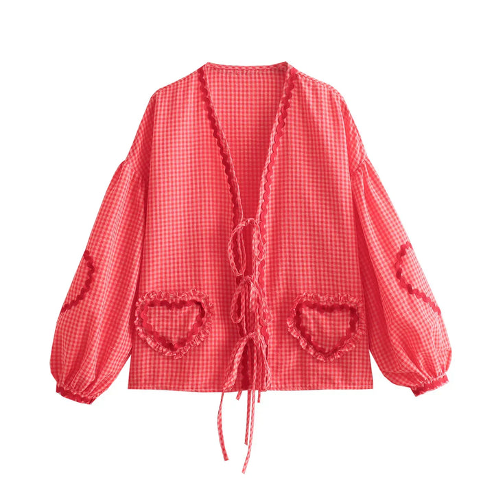 Amaya Dames Vintage Blouse – Stijlvolle blouse met hartpatroon, lange mouwen en strikdetails