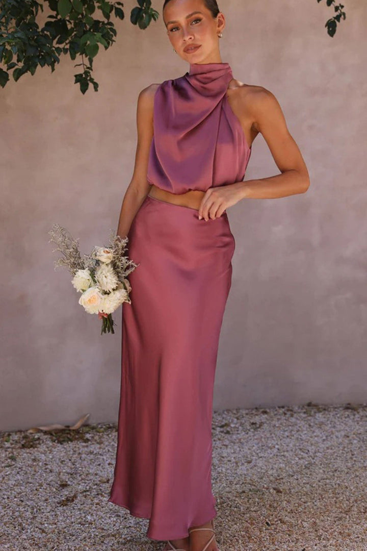 Madelief – Satijnen Two-Piece Set met Hoge Taille en Midi Rok