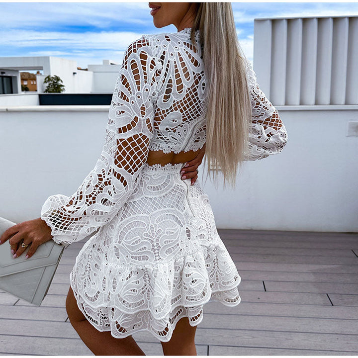 Nina - Dames Set - Witte Kanten Crop Top en Mini Rok met Lange Mouwen