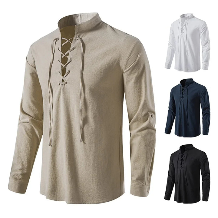 Linnen herenoverhemd met vetersluiting – Elegante boho-stijl voor warme dagen
