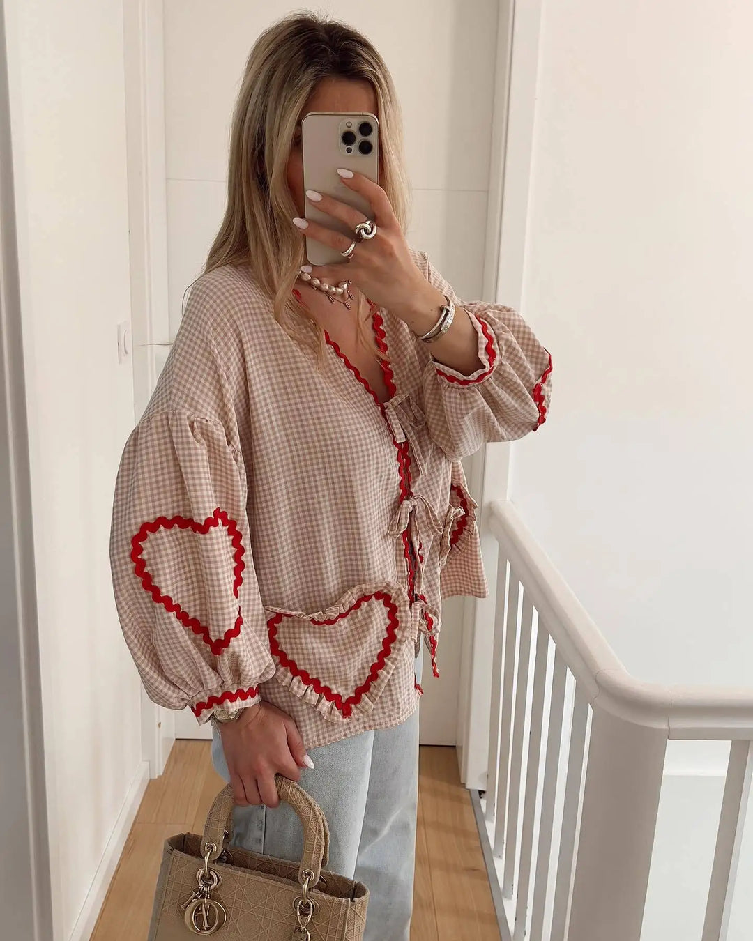 Amaya Dames Vintage Blouse – Stijlvolle blouse met hartpatroon, lange mouwen en strikdetails