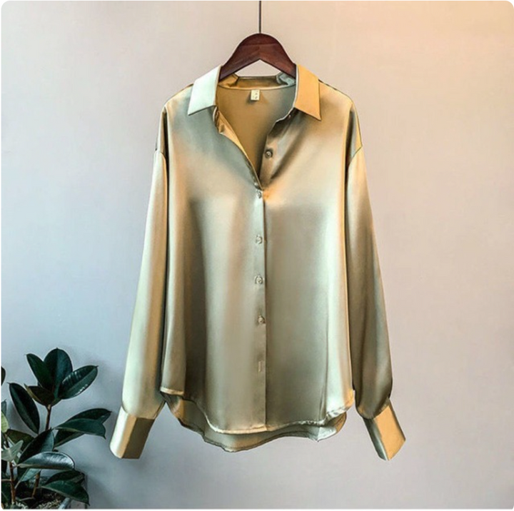 Elena Damesblouse – Zijdeachtige Blouse met Knoopsluiting en Lange Mouwen
