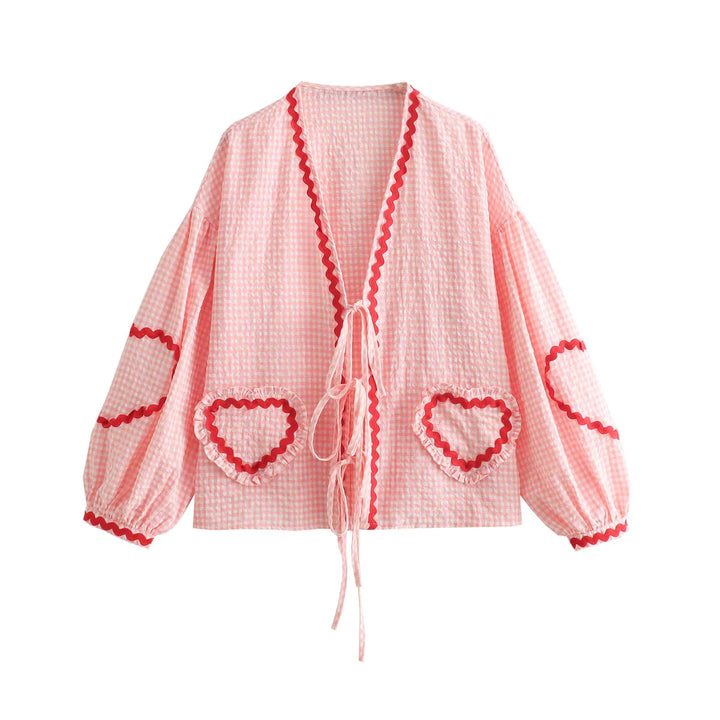 Amaya Dames Vintage Blouse – Stijlvolle blouse met hartpatroon, lange mouwen en strikdetails