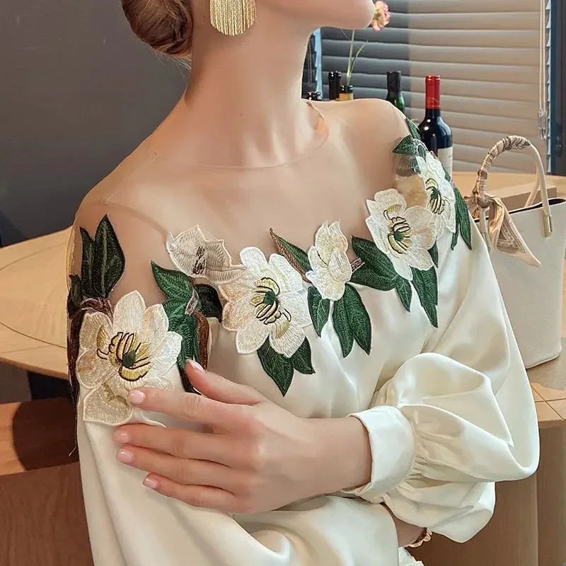 Mira Dames Bloemenblouse – Stijlvolle off-shoulder blouse met lange mouwen
