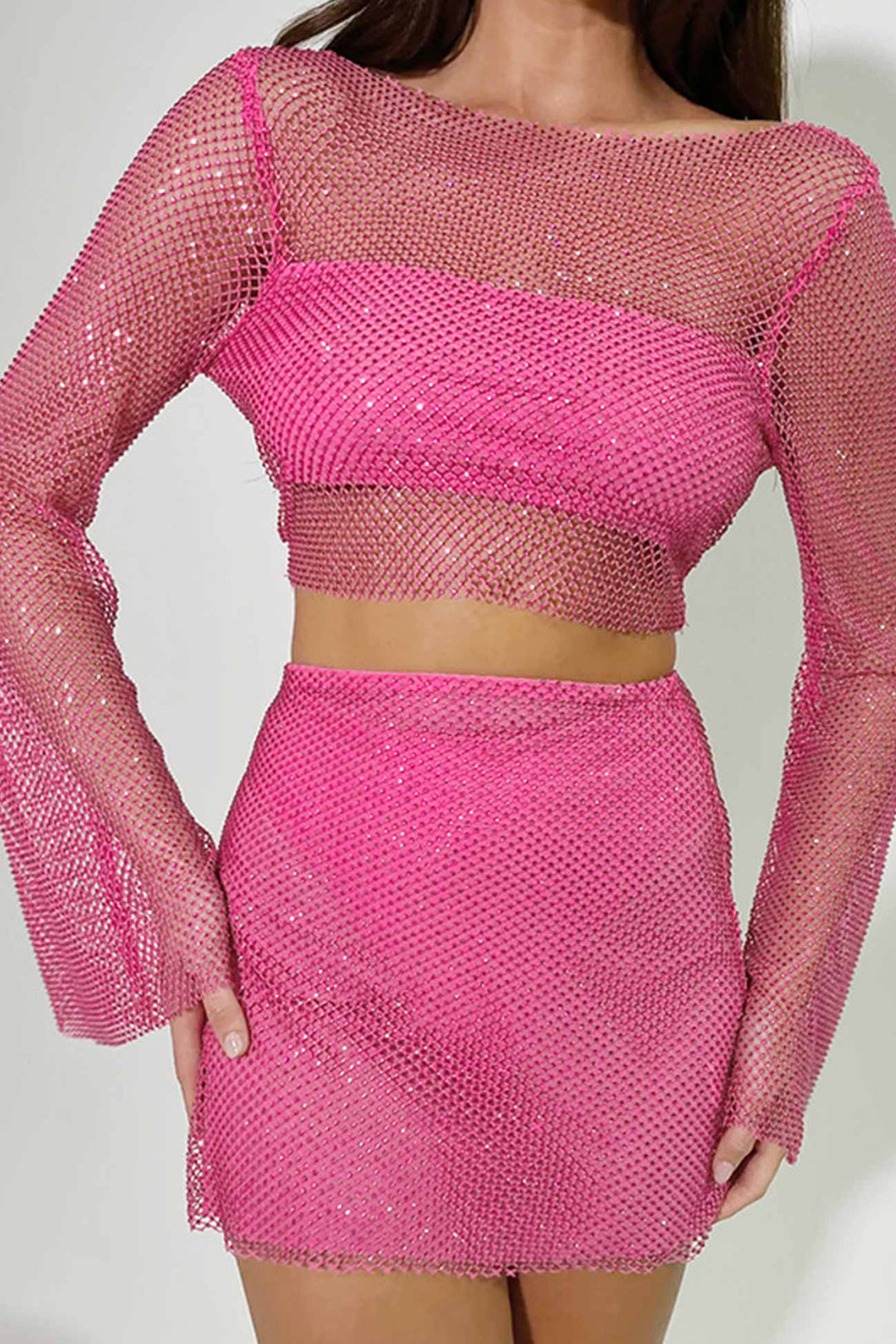 Giselle - Dames Pailletten Mesh Crop Top en Mini Rok Set - Glamoureuze en Feestelijke Look