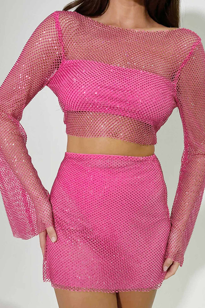Giselle - Dames Pailletten Mesh Crop Top en Mini Rok Set - Glamoureuze en Feestelijke Look