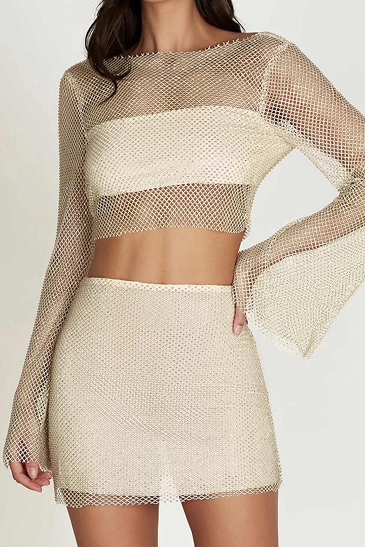 Giselle - Dames Pailletten Mesh Crop Top en Mini Rok Set - Glamoureuze en Feestelijke Look