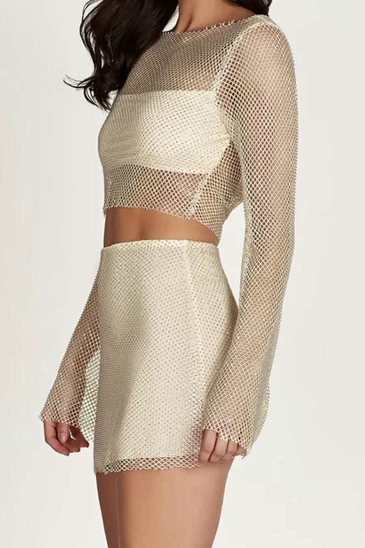 Giselle - Dames Pailletten Mesh Crop Top en Mini Rok Set - Glamoureuze en Feestelijke Look