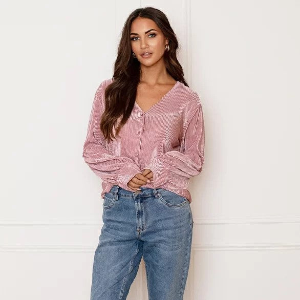 Yara Dames Elegante Blouse – Geribbeld ontwerp met V-hals en lange mouwen