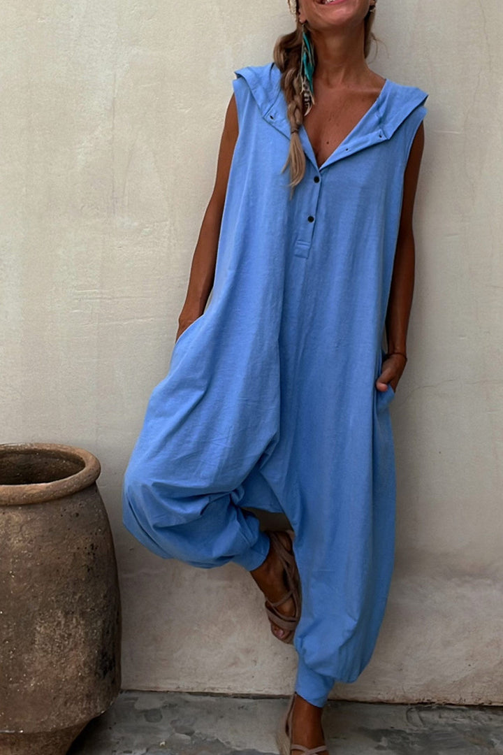 Bo – Mouwloze Hoodie Jumpsuit met Knoopsluiting