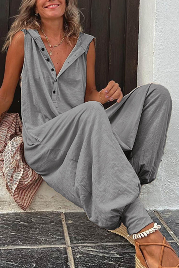 Bo – Mouwloze Hoodie Jumpsuit met Knoopsluiting