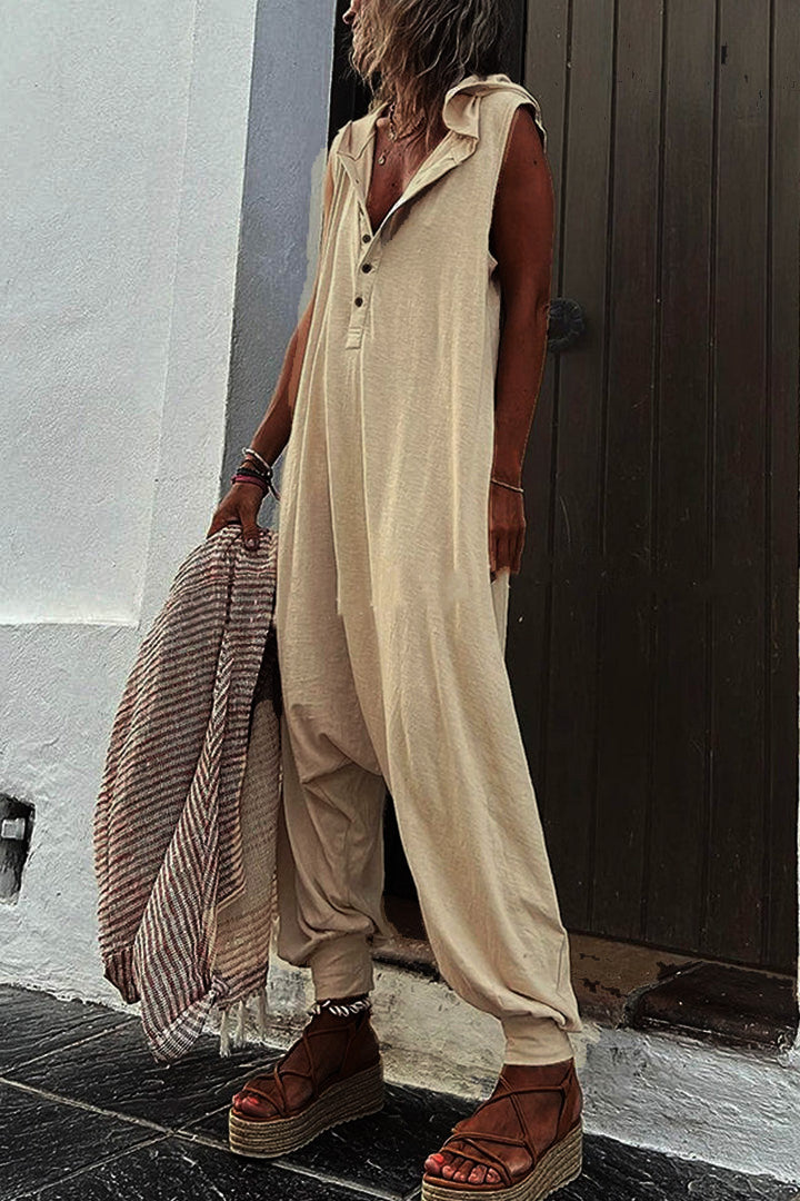 Bo – Mouwloze Hoodie Jumpsuit met Knoopsluiting