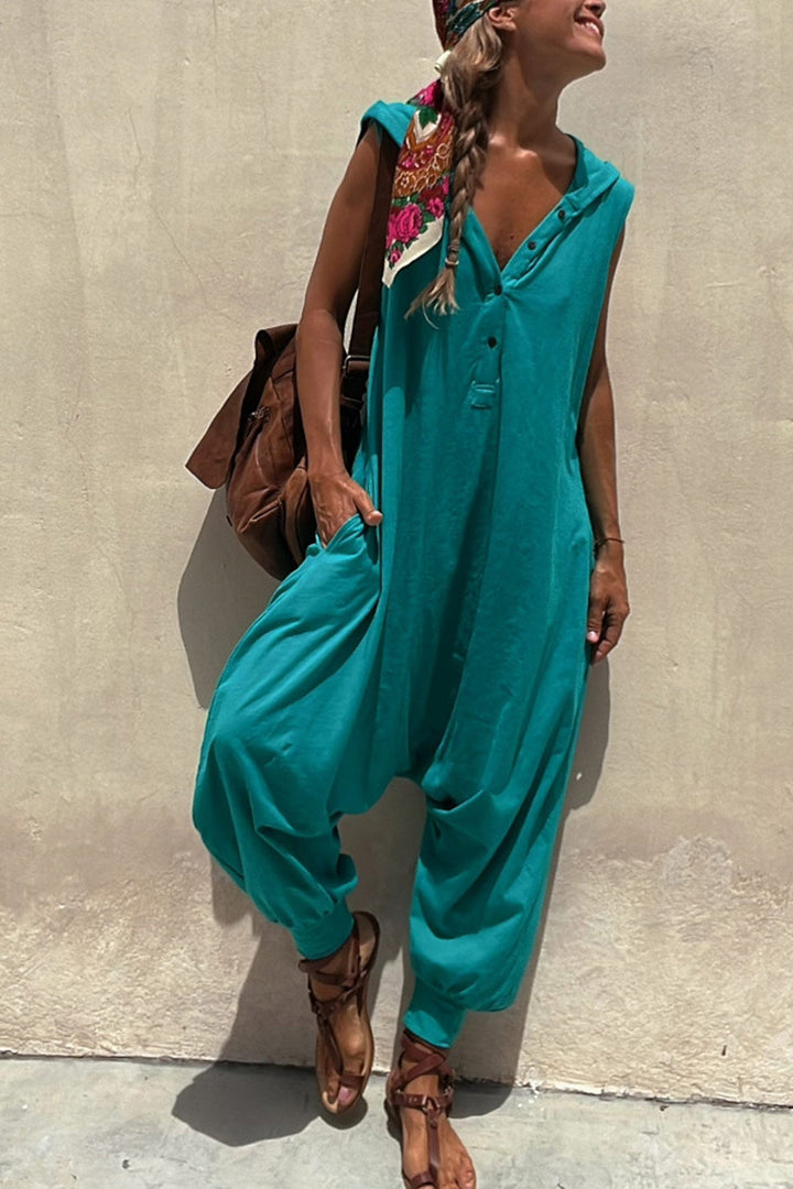 Bo – Mouwloze Hoodie Jumpsuit met Knoopsluiting