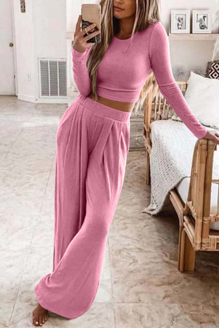 Elise - Dames Geribbelde Crop Top en Lange Broek Set - Moderne en Comfortabele Stijl