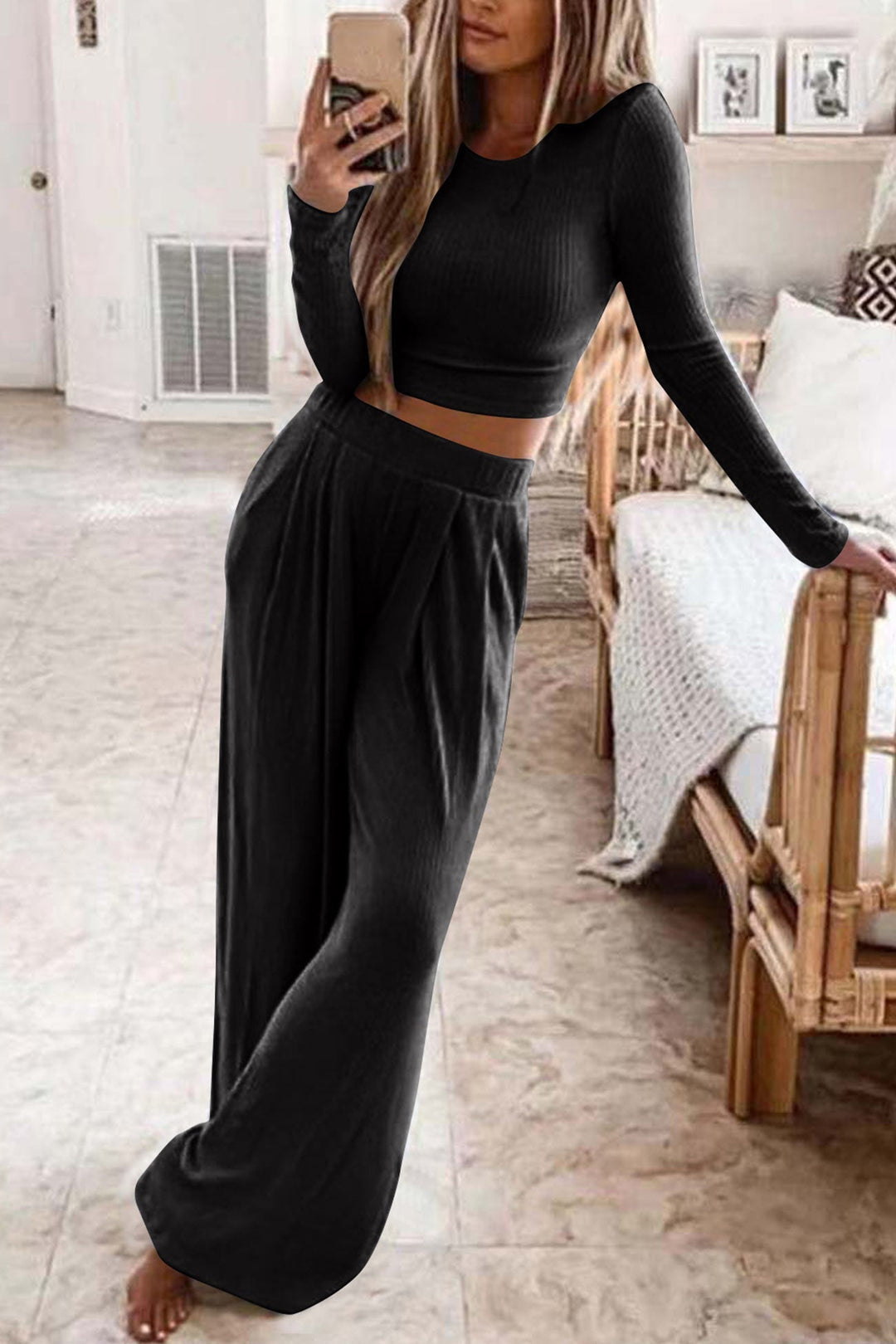 Elise - Dames Geribbelde Crop Top en Lange Broek Set - Moderne en Comfortabele Stijl
