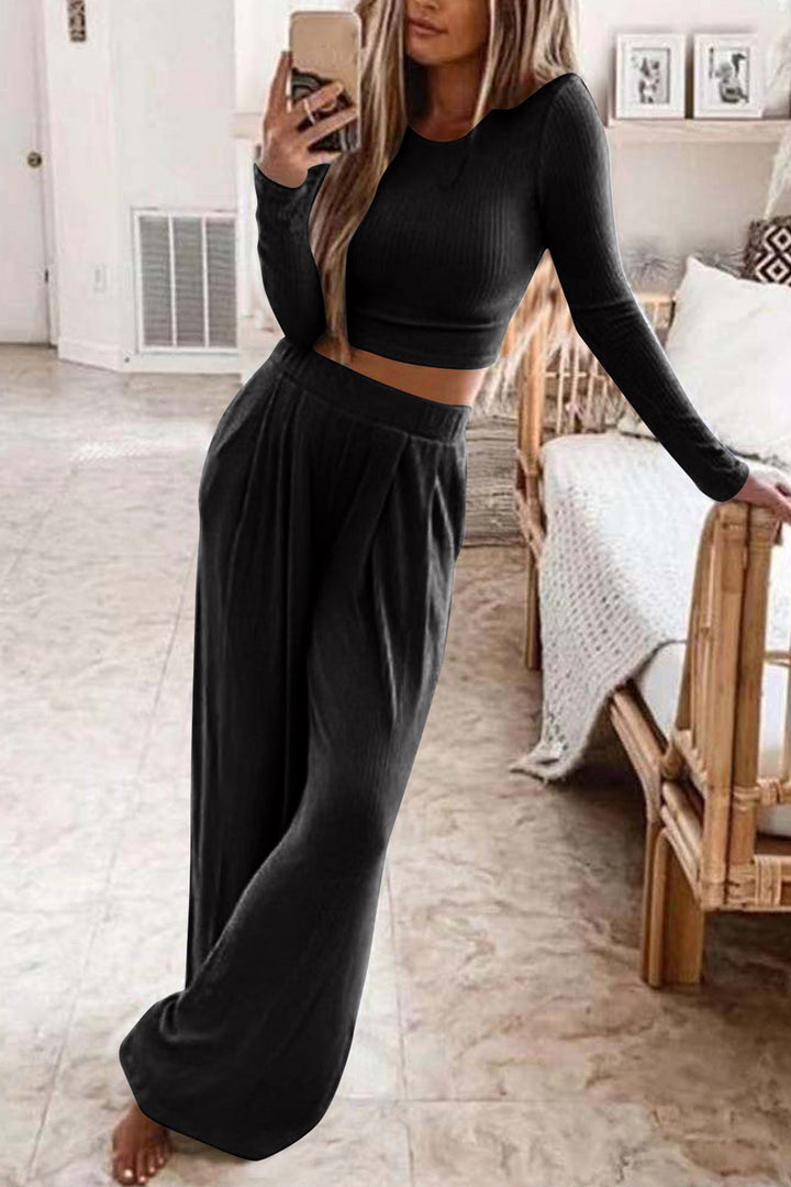 Elise - Dames Geribbelde Crop Top en Lange Broek Set - Moderne en Comfortabele Stijl